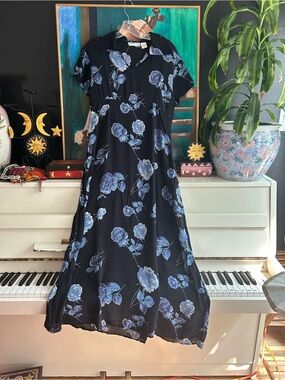 Vintage Smart Set Black Blue Rose Floral Maxi Dress Size 13 90s Grunge